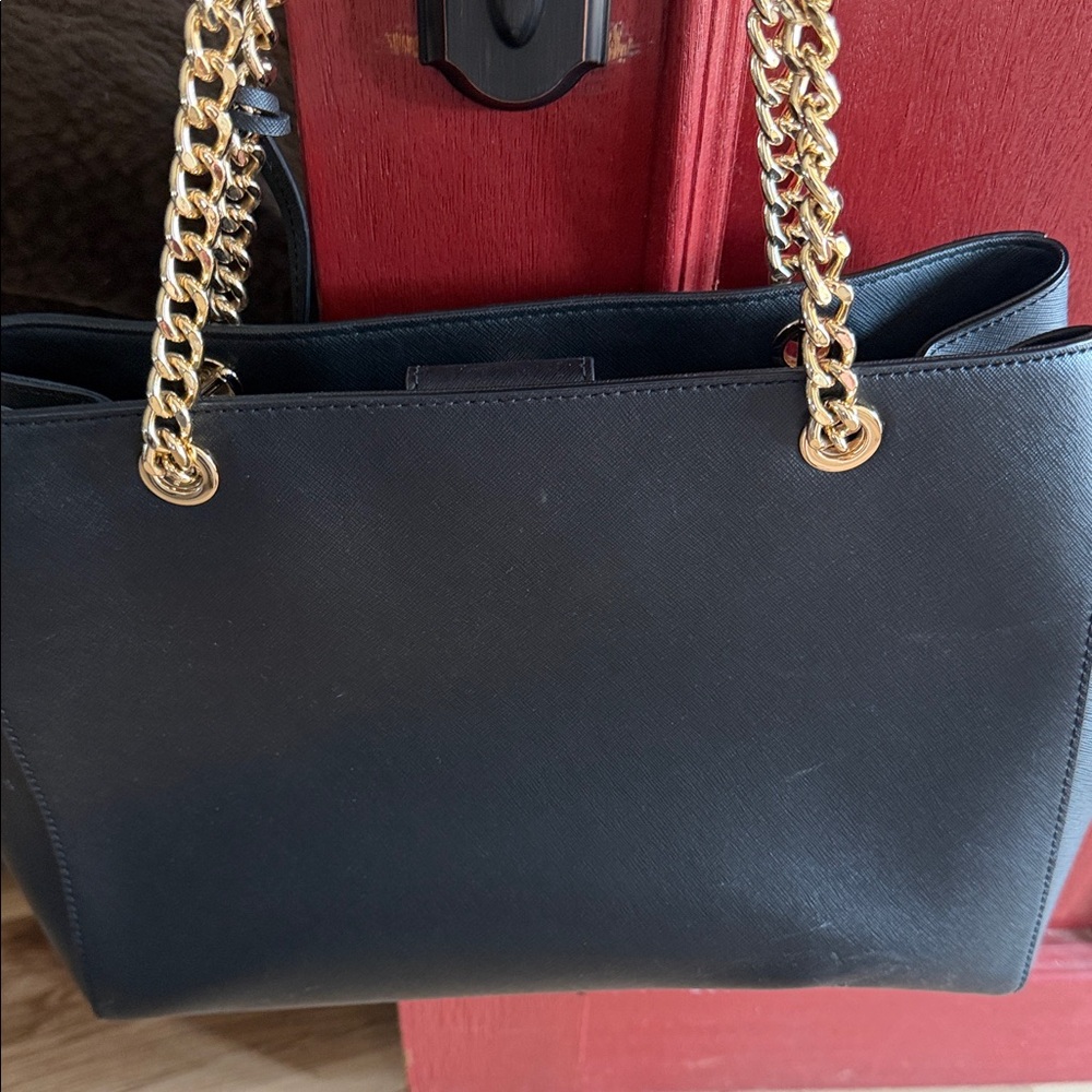 Michael Kors Black Leather Tote with Gold Chain Straps - Picture 2 of 11